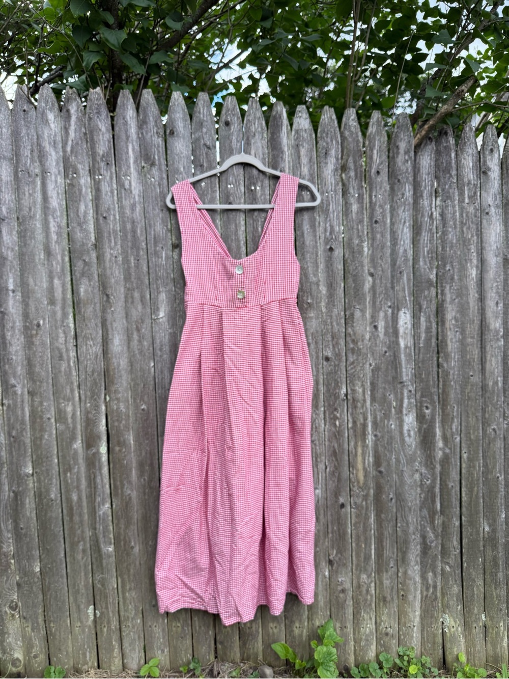 Red Gingham Midi Dress with Button Front